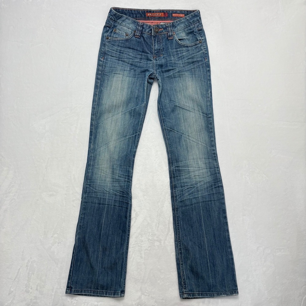 Mudd Jeans Y2K Size 3 Low Rise Flare Medium Wash Distressed Denim Blue Vintage - Picture 2 of 11